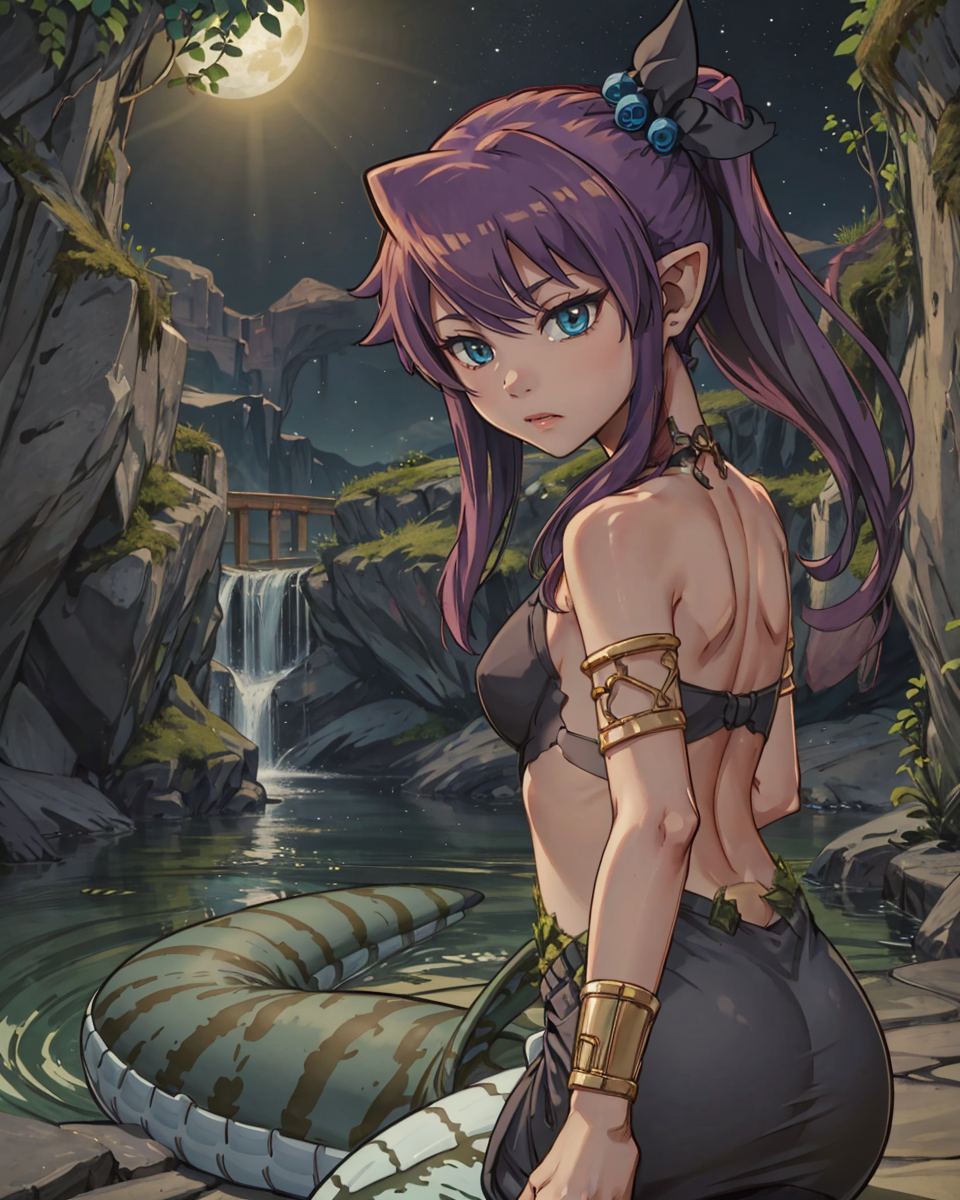masterpiece, best quality, monster girl, mon-musu quest, lamia, monster girl, blue eyes, 1girl, tiny lamia, purple hair, l...